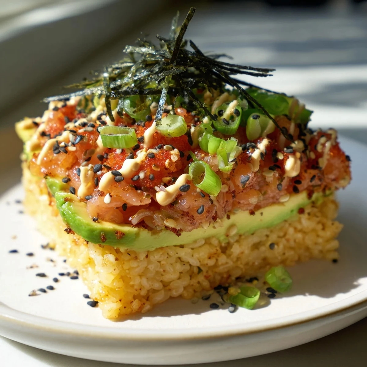 Imagine the layers: crunchy rice, spicy salmon, and creamy avocado in this delicious Crispy Rice Salmon Stack.
