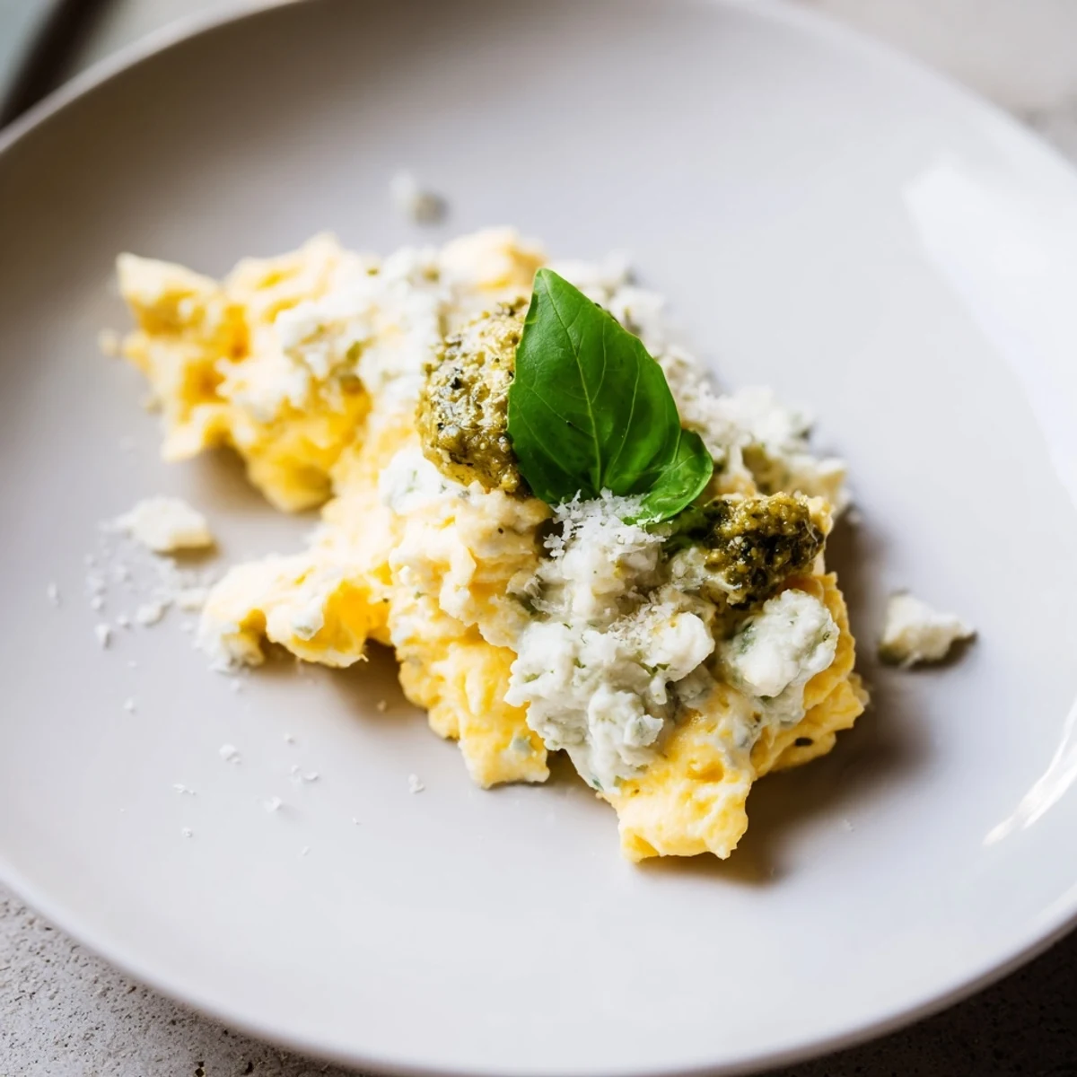 Fluffy Pesto Cottage Cheese Eggs, a vibrant breakfast, garnished with fresh basil and Parmesan cheese.