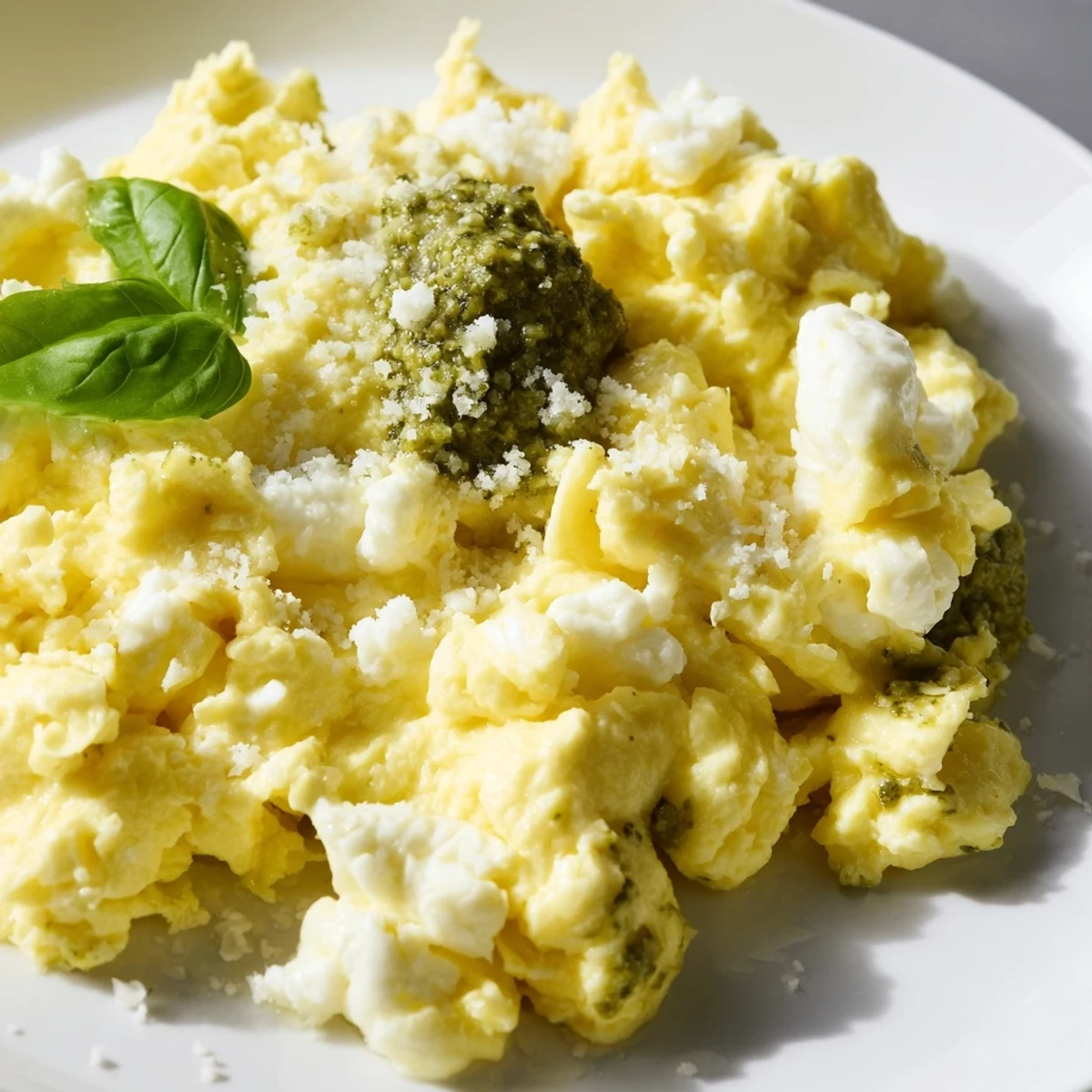 Creamy Pesto Cottage Cheese Eggs served alongside crusty toast, a quick and delicious vegetarian brunch idea.