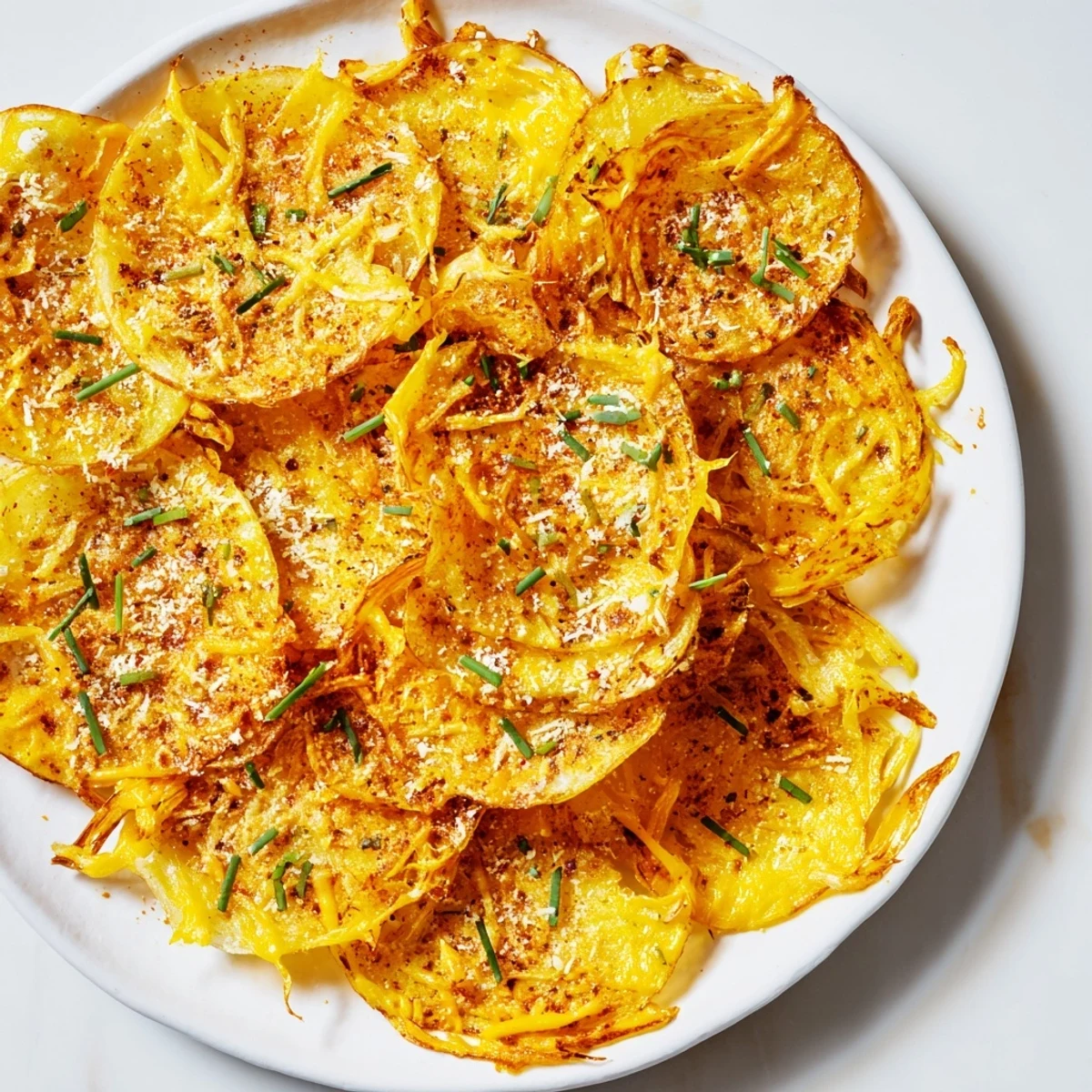 Golden, crispy onion cheese chips piled high, a perfect low-carb snack with melted cheese.