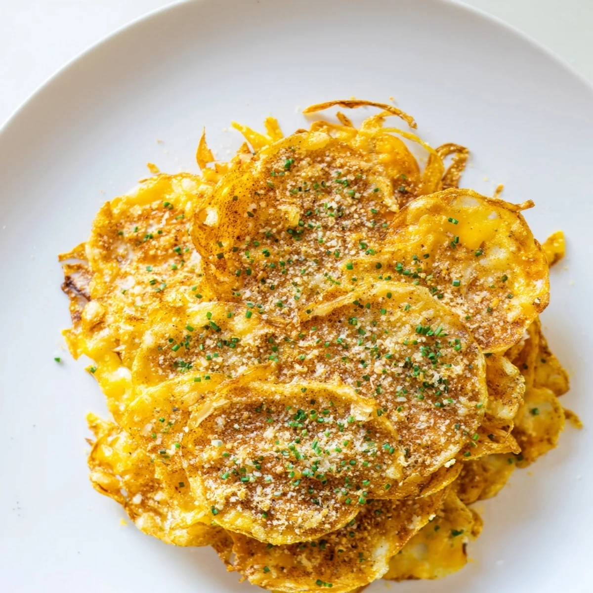 Air Fryer crispy onion cheese chips, topped with chives; ideal appetizer with a savory crunch.