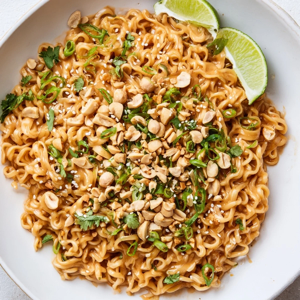 Vibrant overhead shot of delicious Instant Peanut Thai Sauce Noodles ready to serve for a quick meal.
