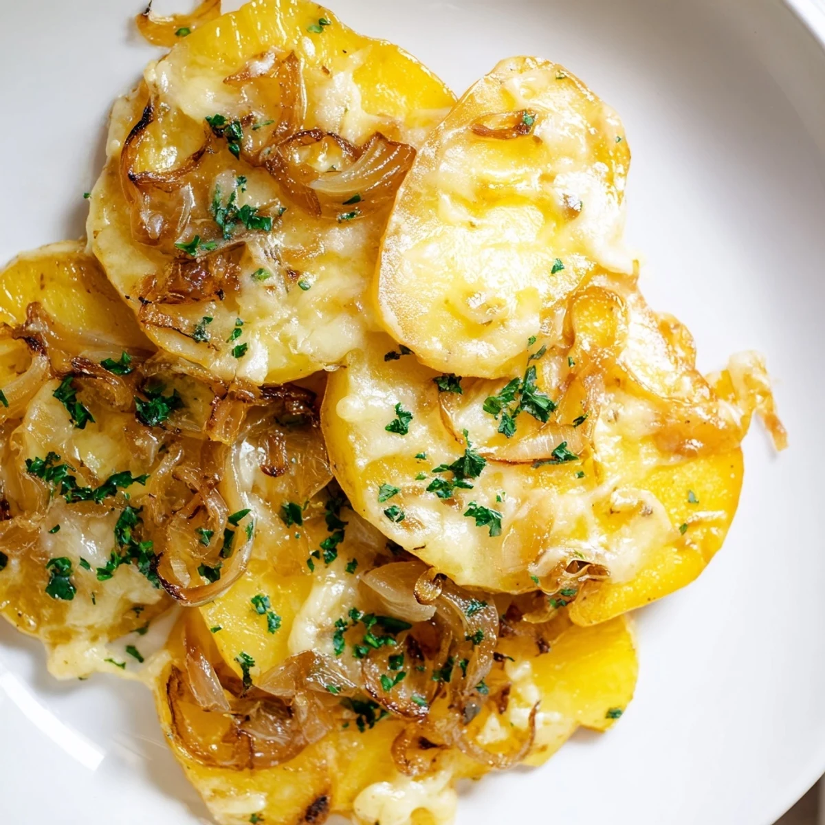 Golden, bubbling French Onion Soup Potatoes with melted Gruyère, a flavorful side dish ready to serve.