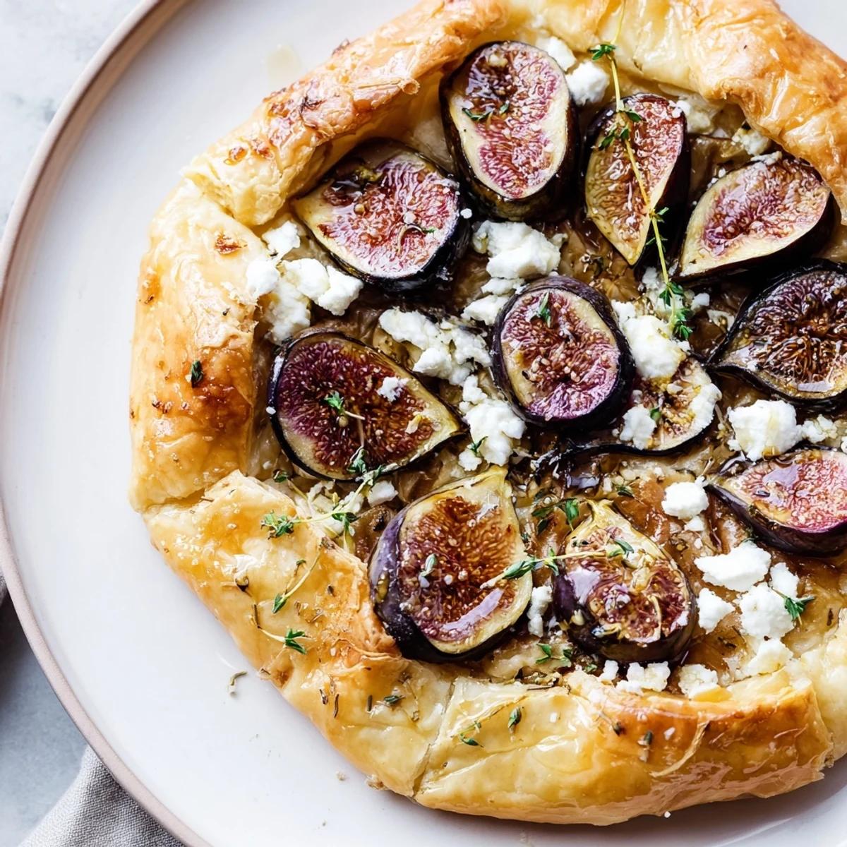 Golden-brown puff pastry truffle pizza, topped with figs, goat cheese, and a drizzle of honey, inviting you to enjoy.