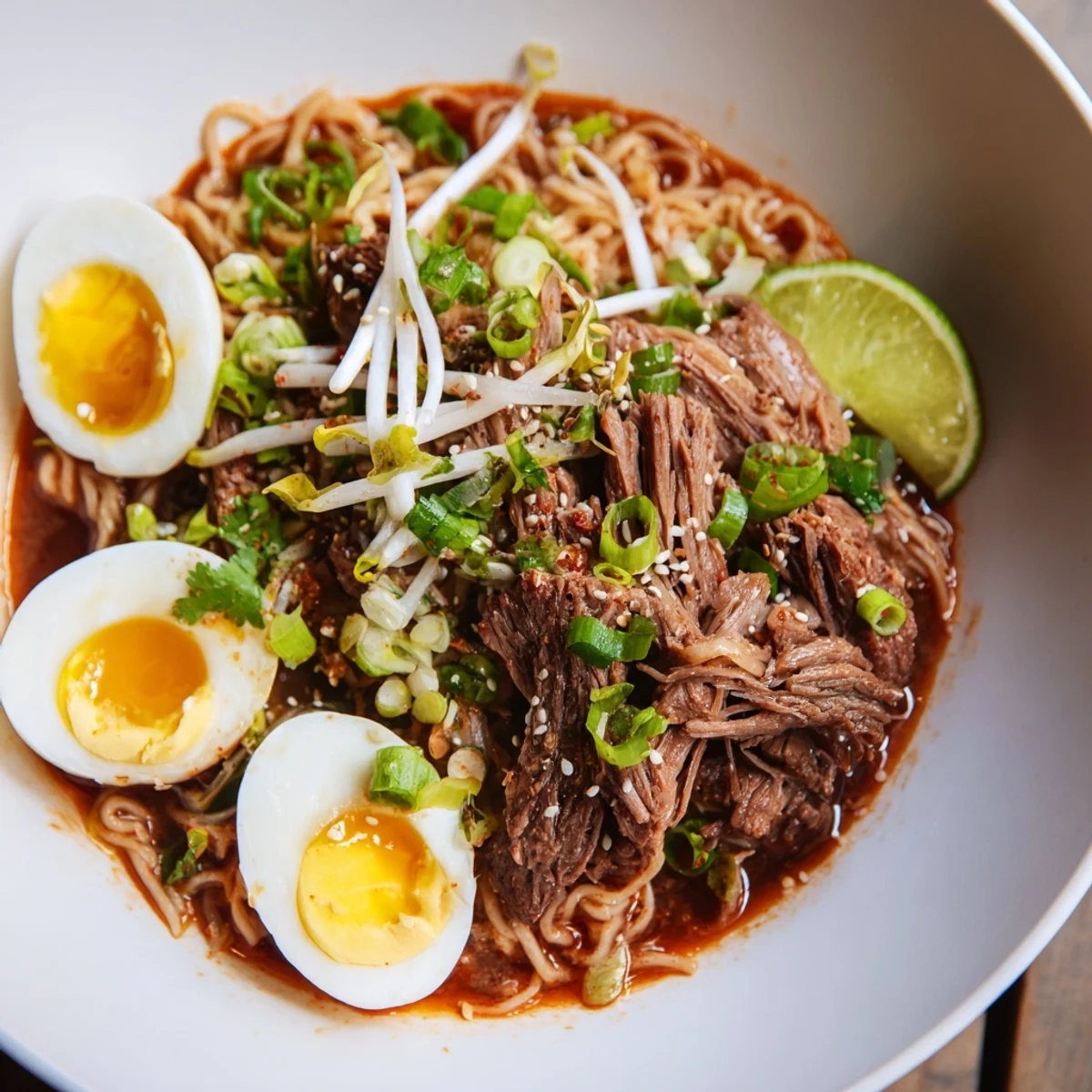Steaming bowl of Chaos Cooking Birria Ramen, a flavorful fusion of Mexican and Japanese cuisine.