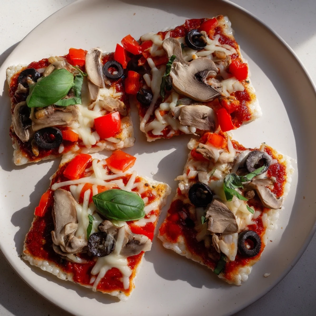 Crispy Rice Cake Pizza Squares, baked with melted cheese, offer a delicious, gluten-free snack idea.