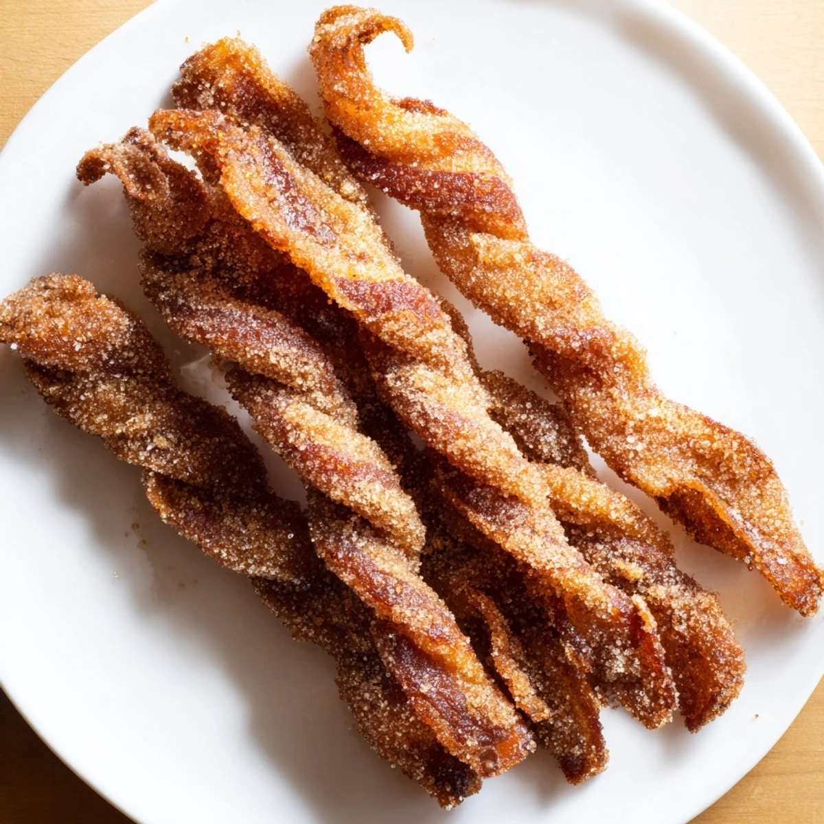 Crispy Spiced Bacon Twists glistening with caramelized sugar, ideal as a flavorful party snack.