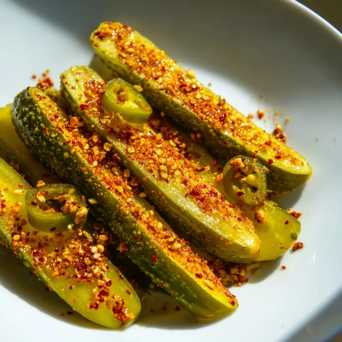 Vivid image of Taco Pickles; a close-up of the flavorful, spice-infused, crunchy pickle spears.