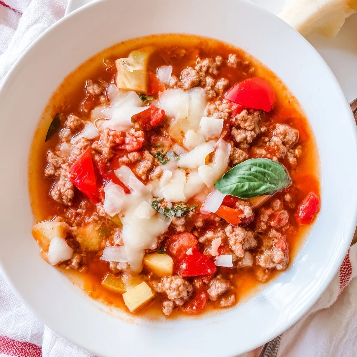 Steaming bowl of Pizza Soup with melted mozzarella, ready for a comforting dinner.