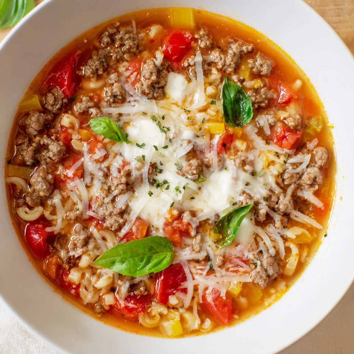 Close-up of a bubbling Pizza Soup, showing the rich tomato broth and flavorful Italian sausage.