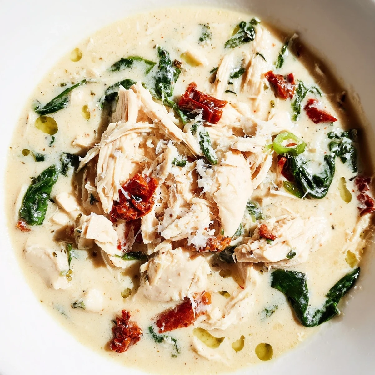 Hearty Creamy Tuscan Chicken Soup served hot, topped with Parmesan and a swirl of golden olive oil.