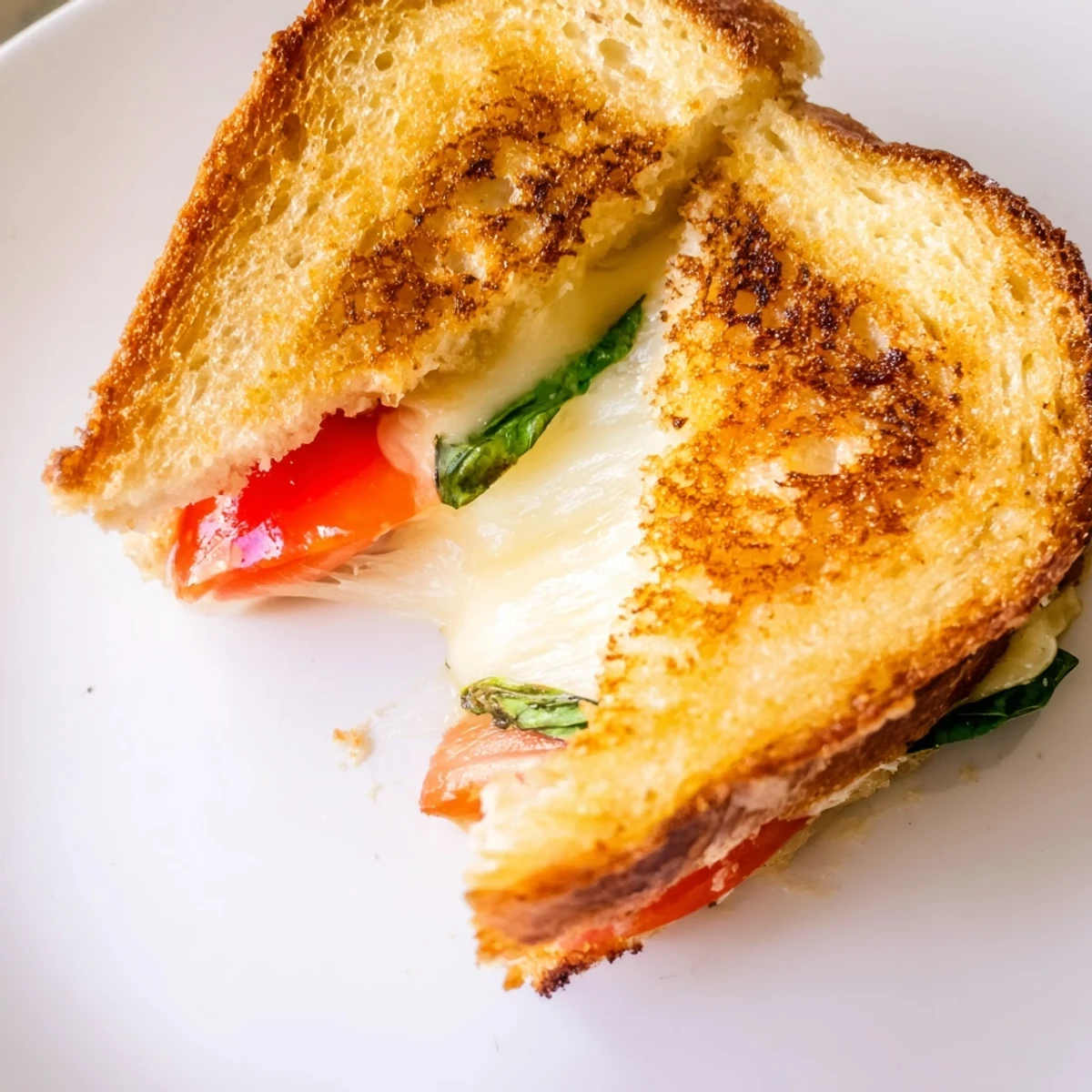 The golden-brown Tomato Basil Grilled Cheese is sliced open, revealing melted mozzarella, juicy tomato, and fresh basil between buttery sourdough.