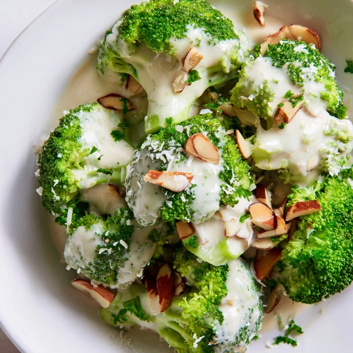 A bowl of vibrant Garlic Parmesan Broccoli Salad with crisp florets, red onion, and fresh parsley garnish.