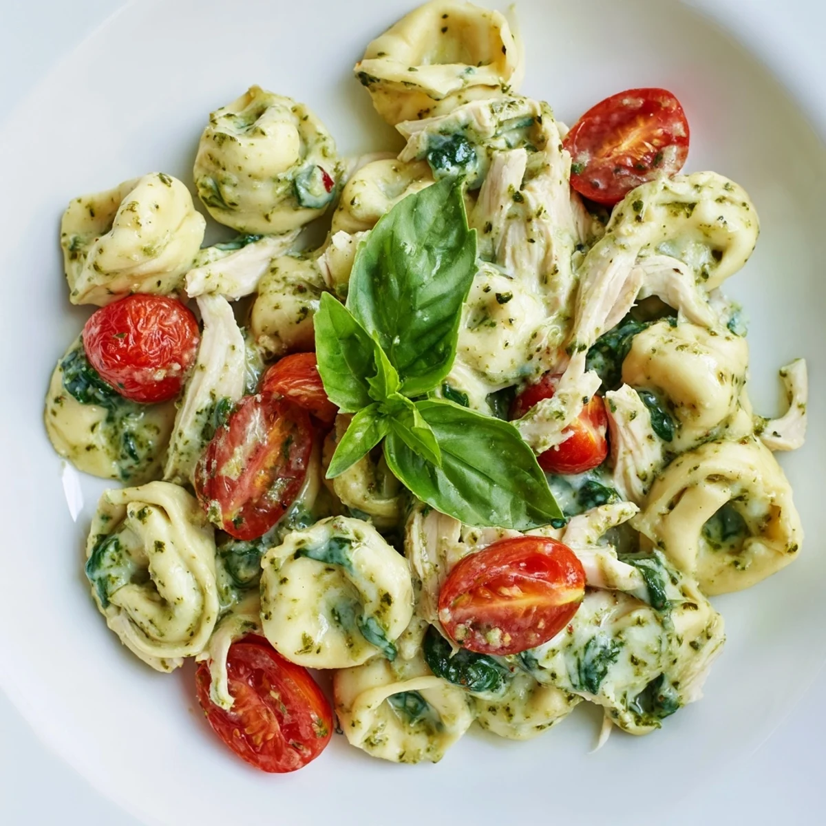 A close-up of creamy pesto tortellini skillet with shredded chicken, baby spinach, and halved cherry tomatoes, garnished with fresh basil and grated Parmesan.  
