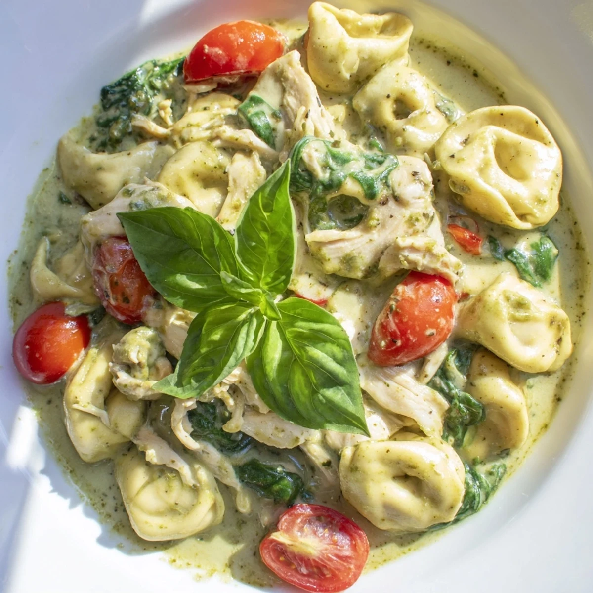 Rich and creamy pesto tortellini skillet tossed with rotisserie chicken, wilted spinach, and cherry tomatoes, finished with fresh basil garnish.