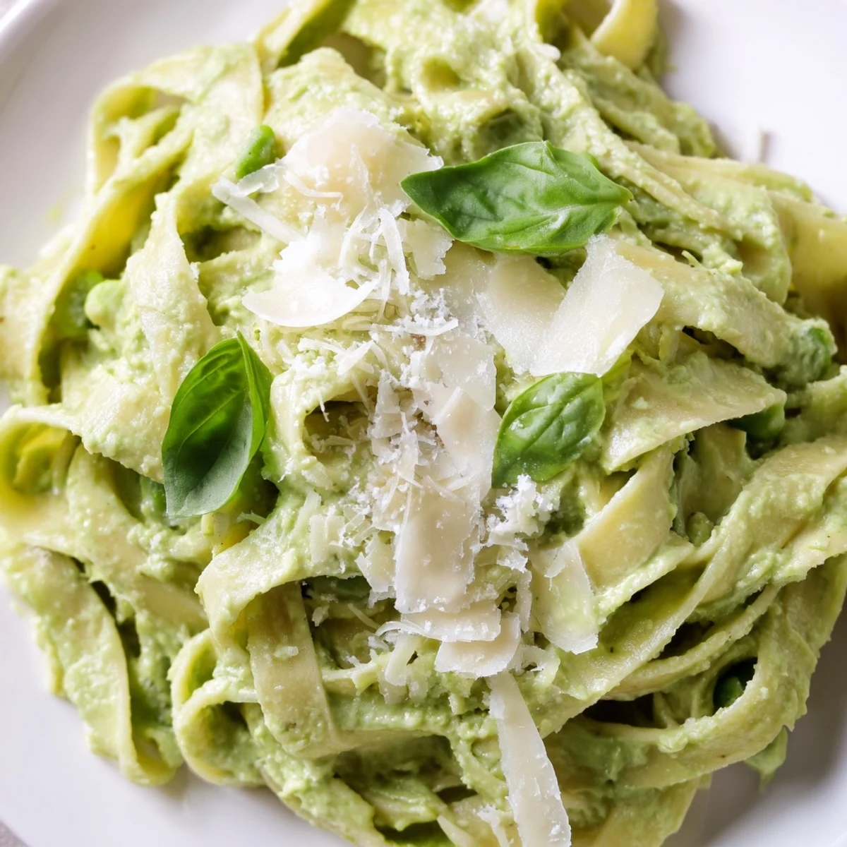 Close-up of Creamy Green Pea Alfredo, highlighting the rich, emerald-green sauce clinging to al dente pasta, with a sprinkle of black pepper.