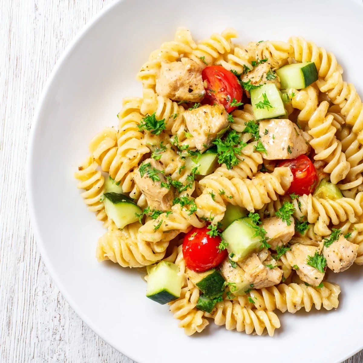 Tossing the Honey Mustard Chicken Pasta Salad, spiral pasta and chicken mingle with colorful vegetables in a glossy dressing.