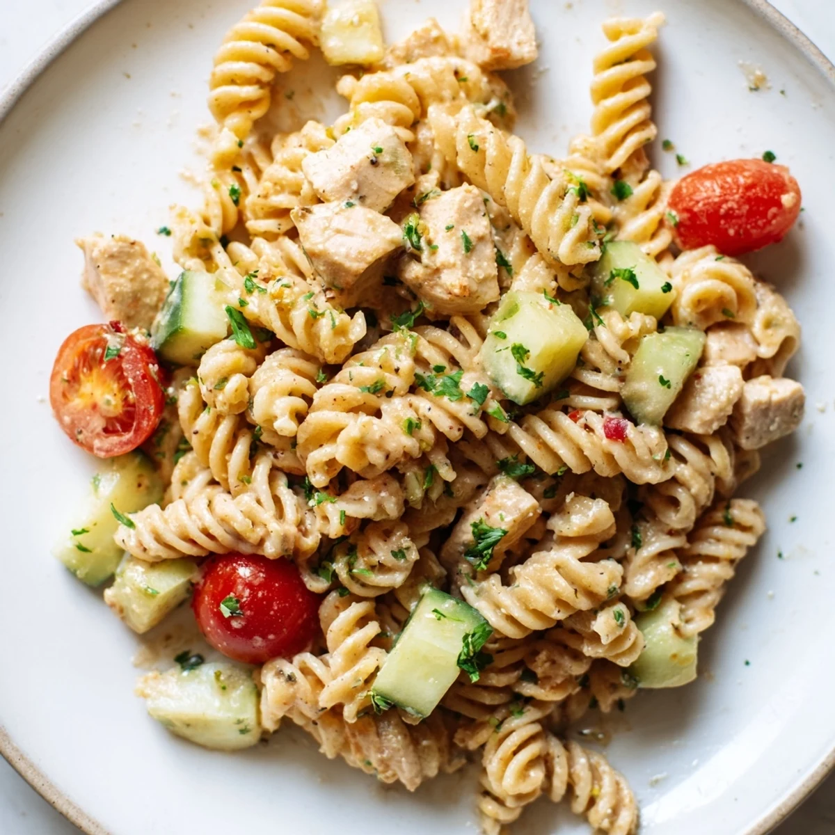 A close-up of Honey Mustard Chicken Pasta Salad, fresh greens and tomatoes peek from under tender chicken and pasta.