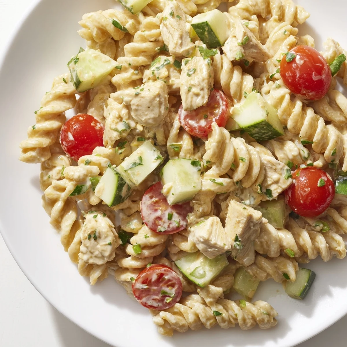 Serving Honey Mustard Chicken Pasta Salad, a fork lifts a bite with cucumber and bell pepper over mixed greens.