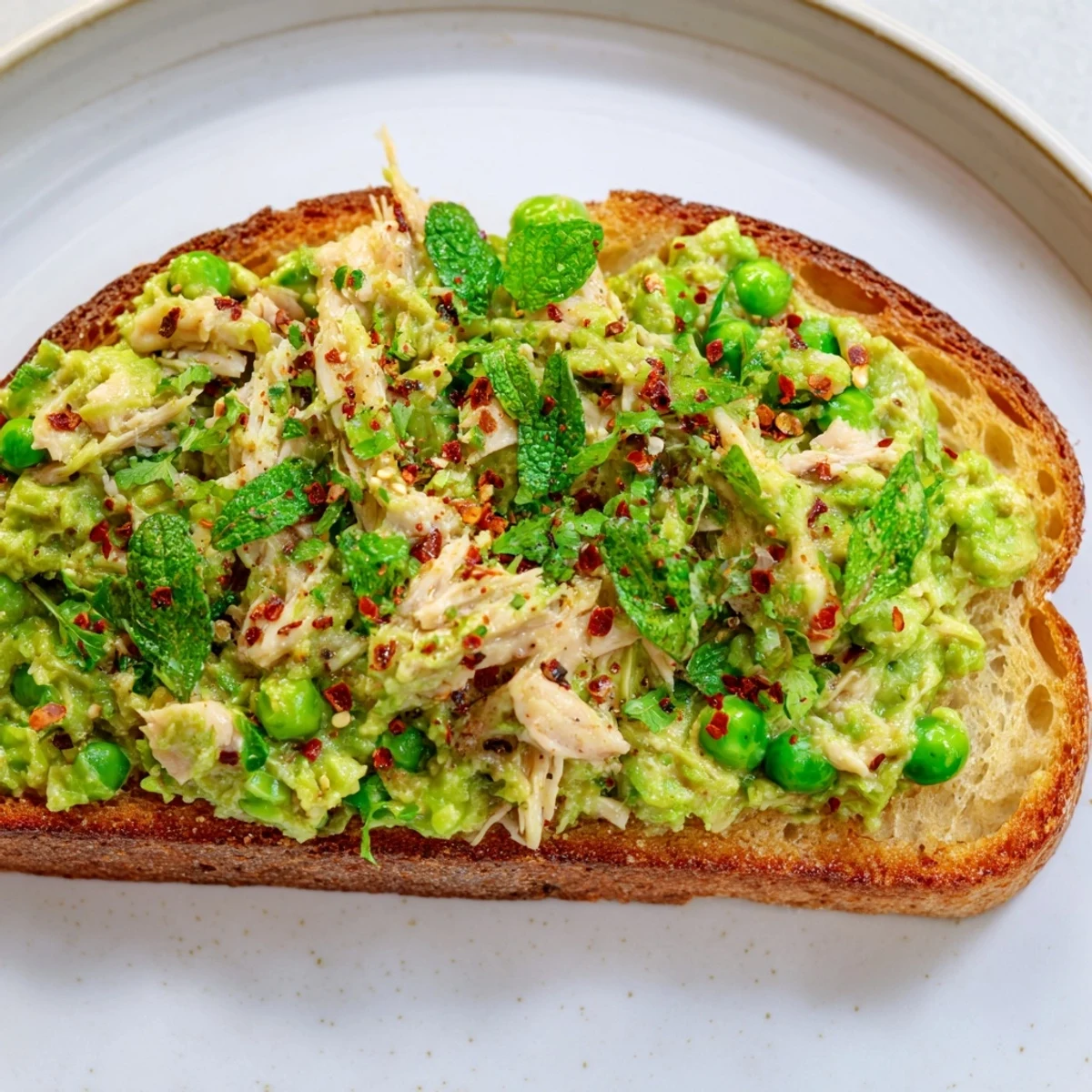 Vibrant green pea mixture with tender chicken is spooned over toasted sourdough, topped with chili flakes.