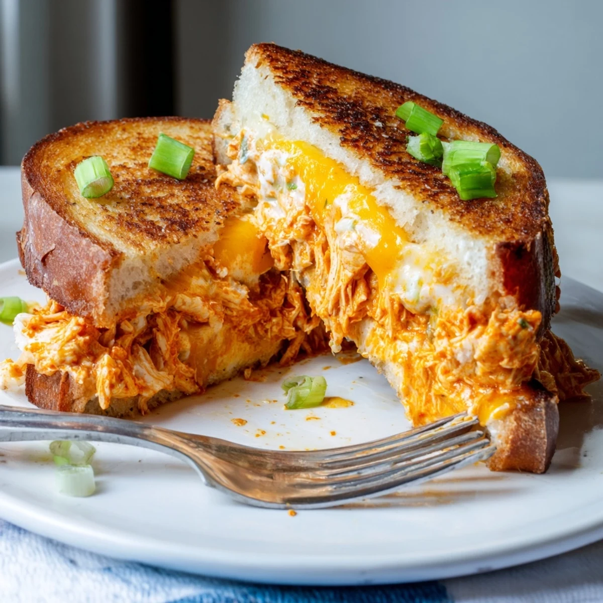 An open-faced view of Buffalo Chicken Ranch Grilled Cheese reveals tangy ranch dressing and shredded chicken layered under bubbly, melted mozzarella and cheddar.