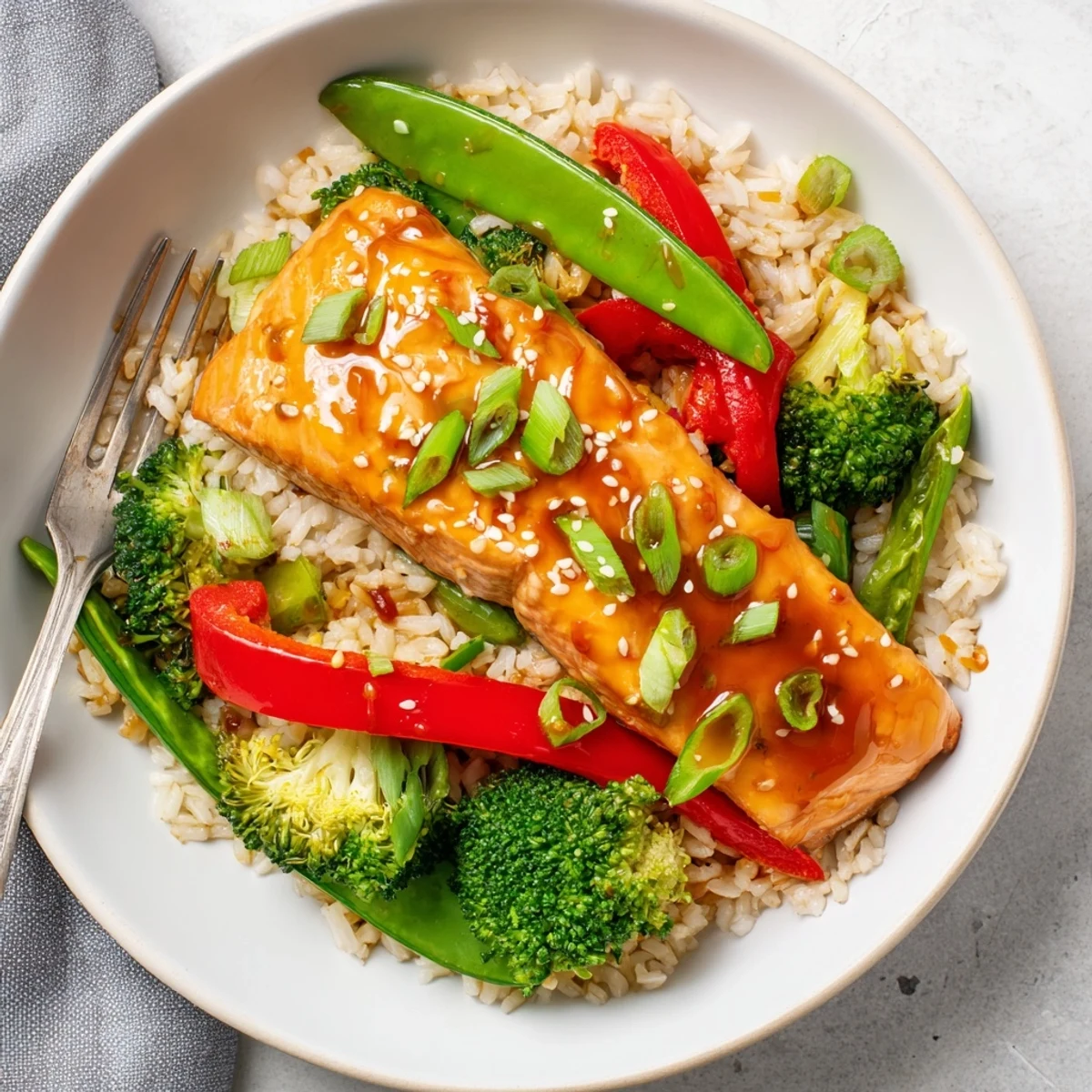 A close-up of maple soy glazed salmon fillets on a bed of fluffy rice with crisp broccoli, snap peas, and red bell peppers, garnished with green onions and sesame seeds.