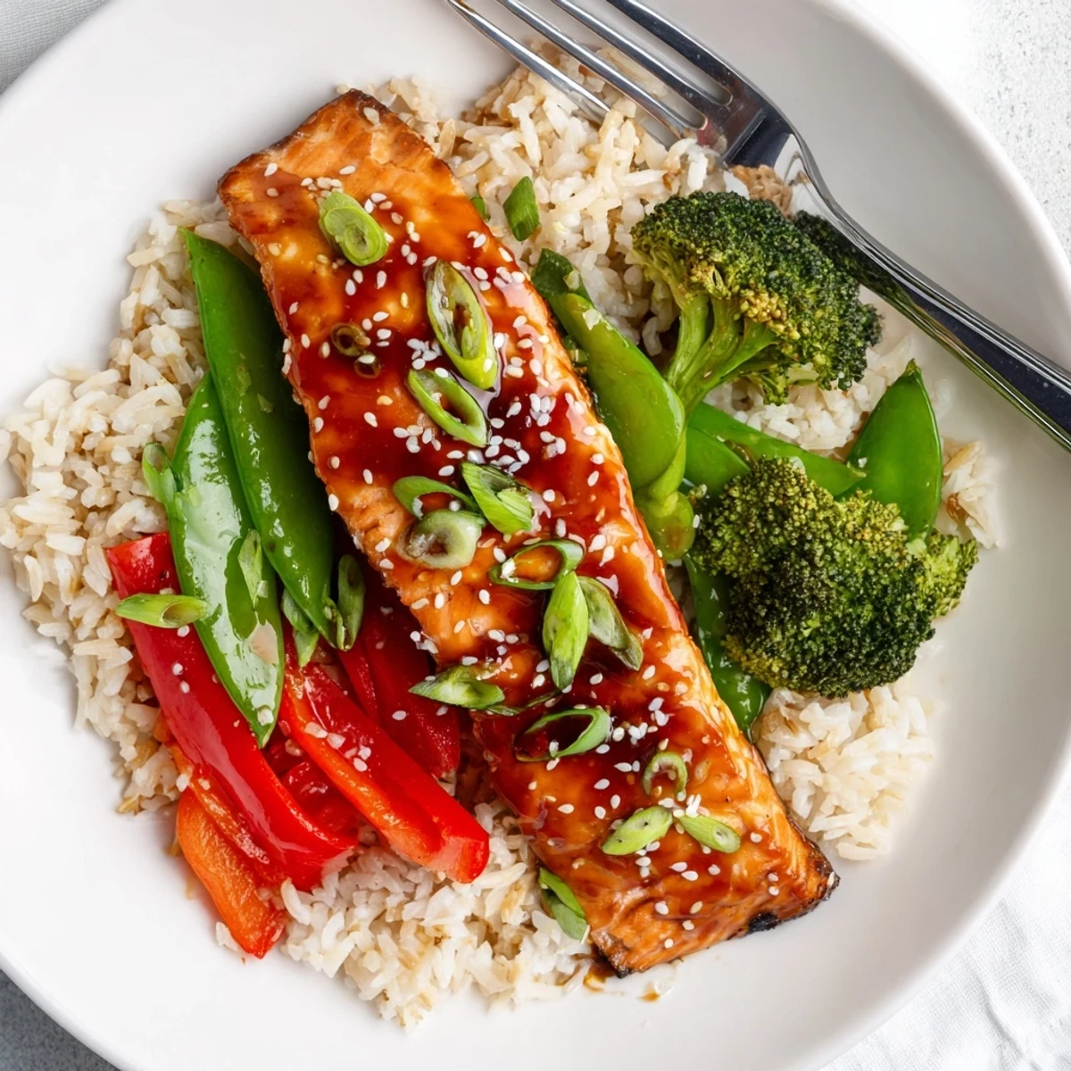 A wooden table showcases maple soy glazed salmon, glazed to perfection, beside vibrant rice and steamed veggies, ready for a delicious, savory dinner.