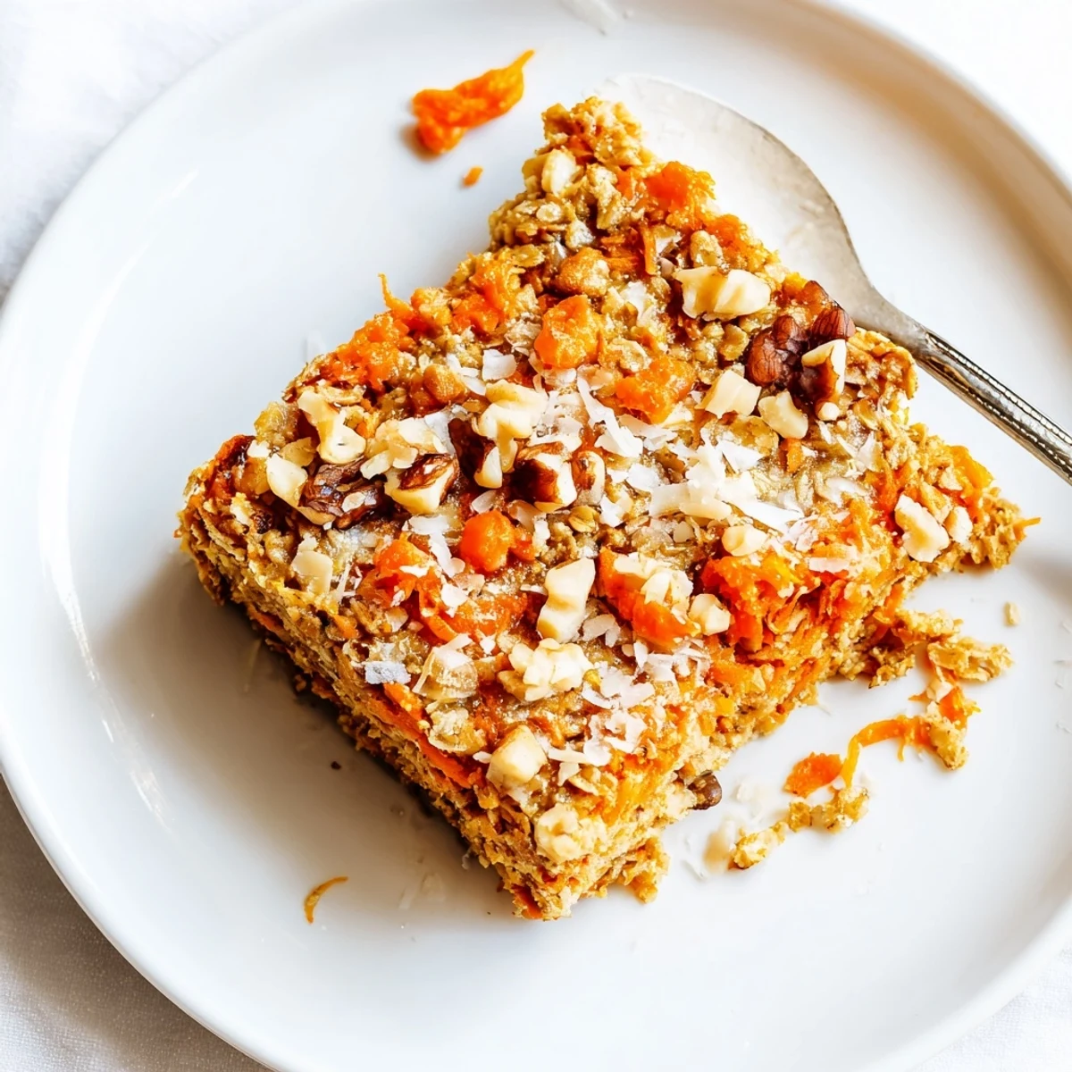 A close-up view of golden Carrot Cake Baked Oatmeal in a white ceramic dish, topped with a dollop of creamy Greek yogurt and a delicate maple drizzle.