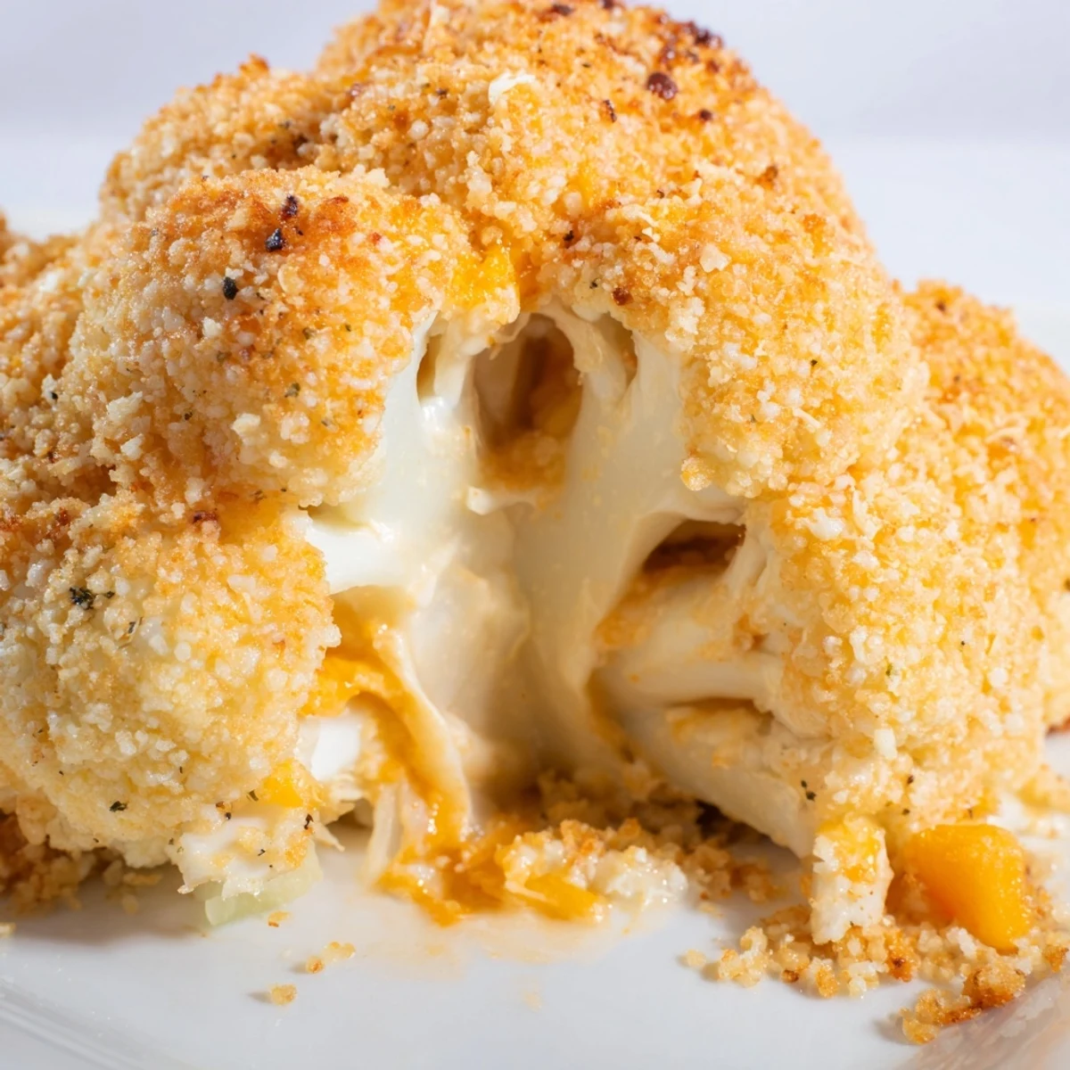 A close-up of Cheesy Stuffed Cauliflower Head, showing melted mozzarella and Parmesan peeking through a crisp, golden-brown topping.