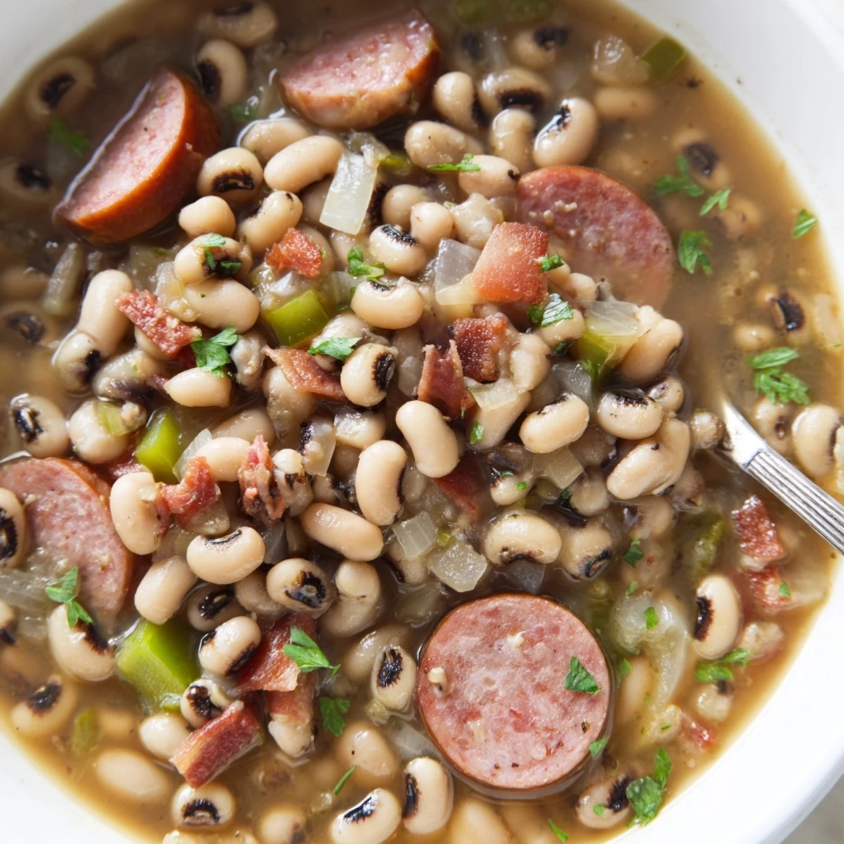 Steam rises from a pot of simmering Southern-Style Black-Eyed Peas, garnished with fresh parsley and hot sauce.  