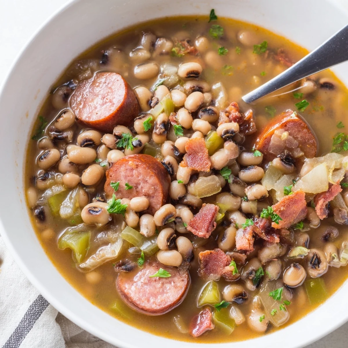 Hearty Southern-Style Black-Eyed Peas in a rich broth with diced bacon and vegetables.