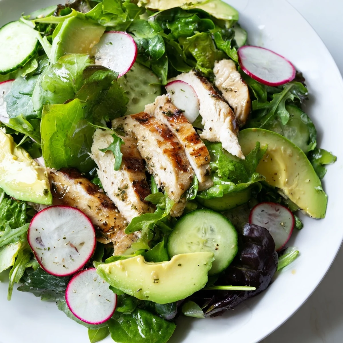 Spring Detox Chicken Salad showcases mixed greens, avocado slices, and juicy grilled chicken tossed in a lemony dressing for a refreshing meal.