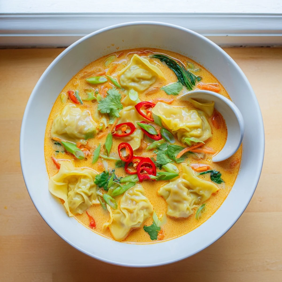 Steaming bowl of homemade Red Curry Wonton Soup with spinach and carrots.