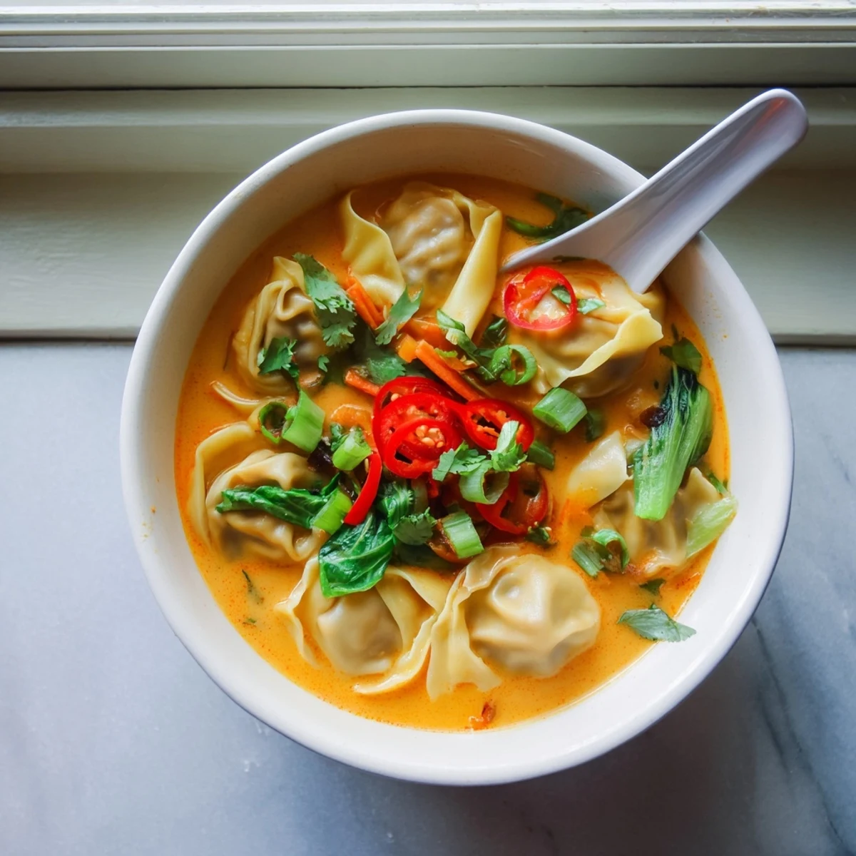 Spoon lifting a wonton from fragrant Thai-inspired red curry coconut broth with greens.