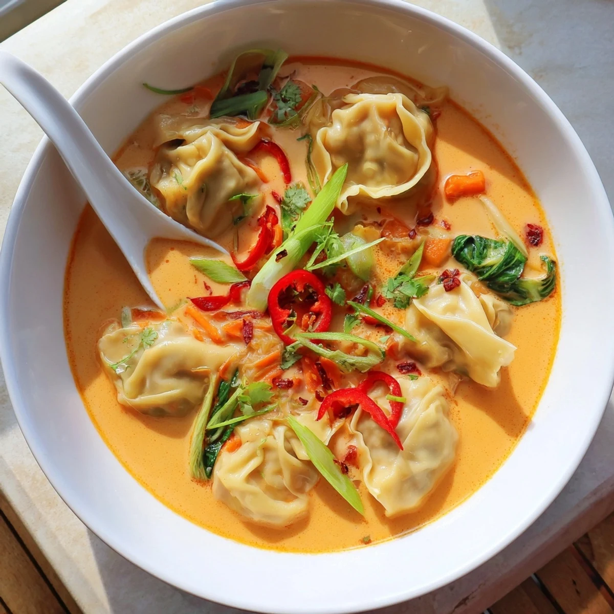 Red Curry Wonton Soup served in a rustic bowl with fresh lime and scallions.
