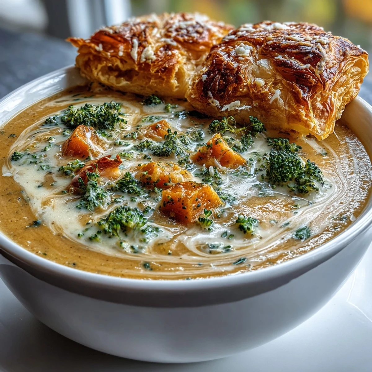 A close-up of Creamy Broccoli and Butternut Squash Soup With Pastries, featuring a golden cheese pastry partially dipped into the vibrant orange soup.