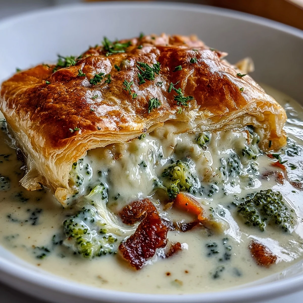 Velvety Creamy Broccoli and Butternut Squash Soup With Pastries, served in a rustic bowl with a golden, flaky brie pastry on the side.