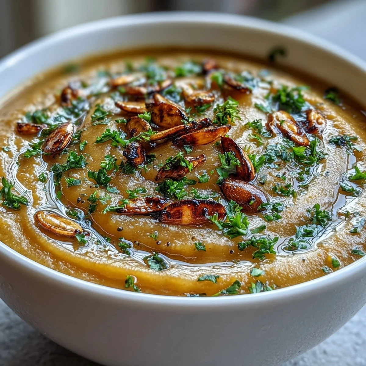 Creamy Roasted Broccoli and Butternut Squash Soup garnished with pumpkin seeds and parsley in a rustic bowl.