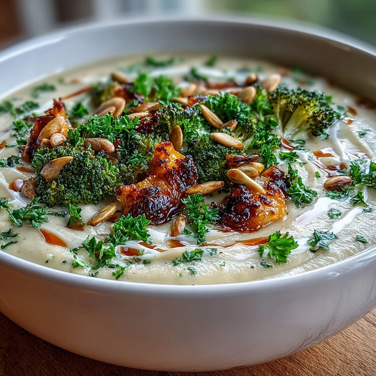 Hearty Roasted Broccoli and Butternut Squash Soup topped with toasted pumpkin seeds and a swirl of coconut milk.