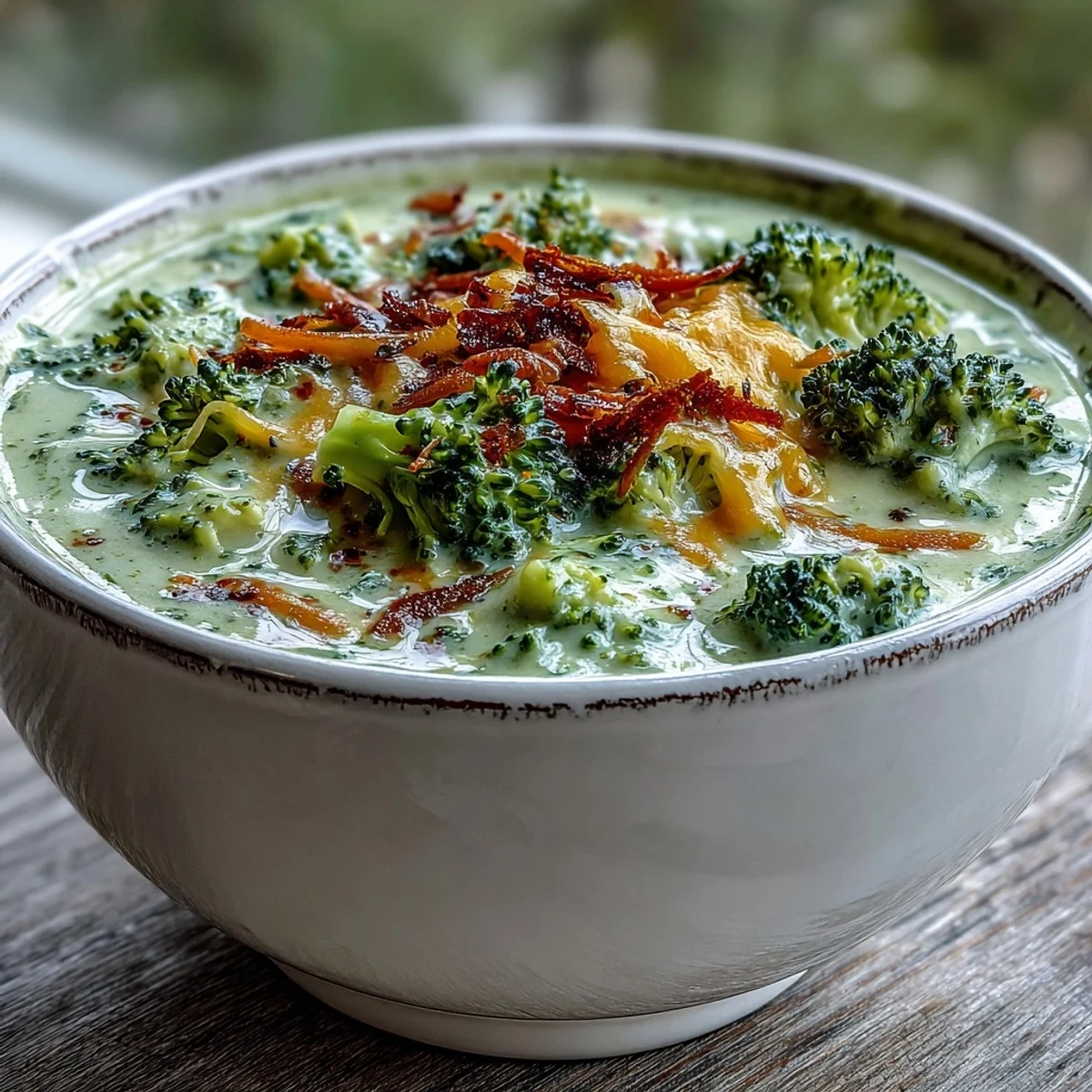 Homemade Broccoli Cheddar Soup simmering in a pot, garnished with fresh parsley, served alongside warm bread for a comforting meal.