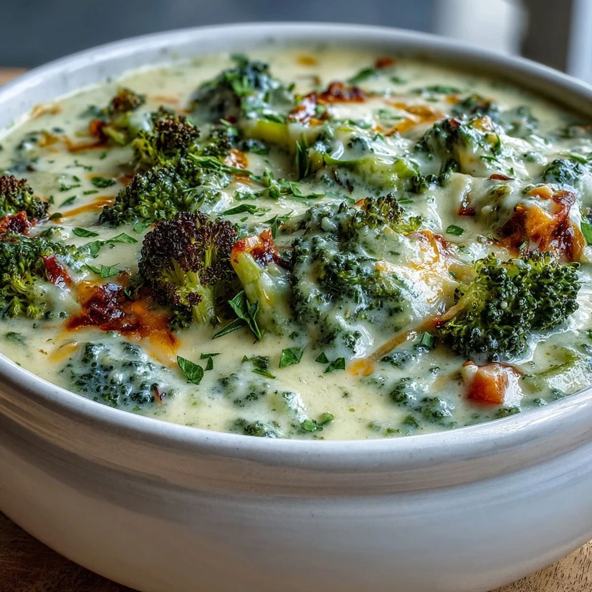Golden roasted broccoli florets simmer with diced carrots and sharp cheddar in a creamy, comforting soup, served steaming hot.