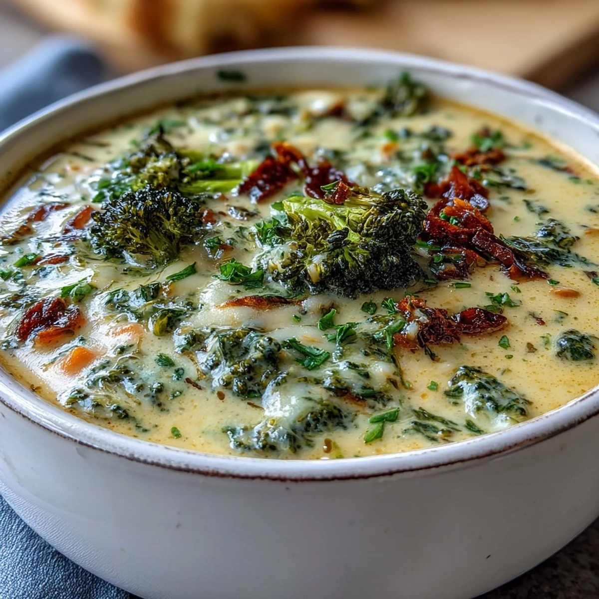 Roasted Broccoli Cheddar Soup garnished with a few charred florets and a drizzle of cream, ready to enjoy.