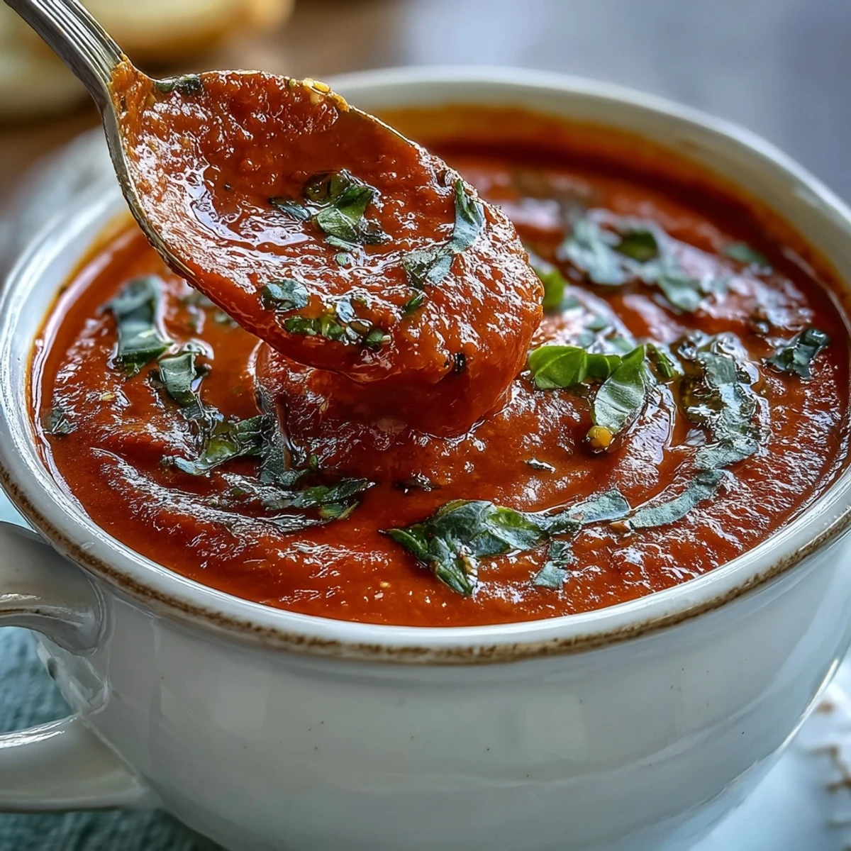 Freshly roasted tomatoes, caramelized onions, and basil blended into a warm, silky Roasted Tomato Basil Soup, served with a swirl of cream.