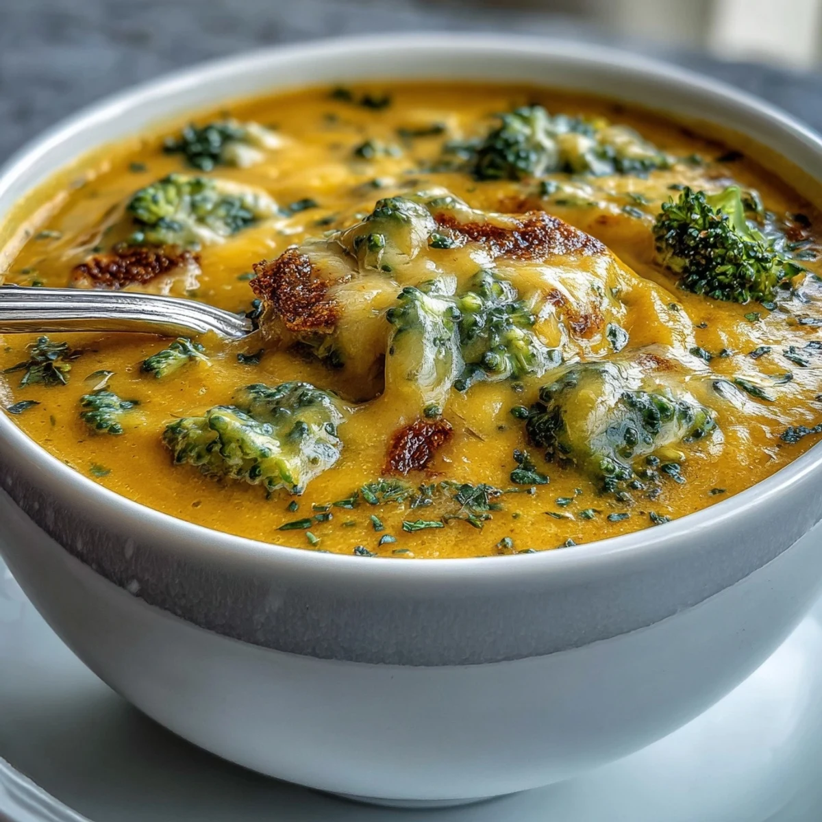 Creamy butternut squash broccoli cheddar soup simmering in a rustic pot, garnished with extra cheddar and a sprinkle of paprika.