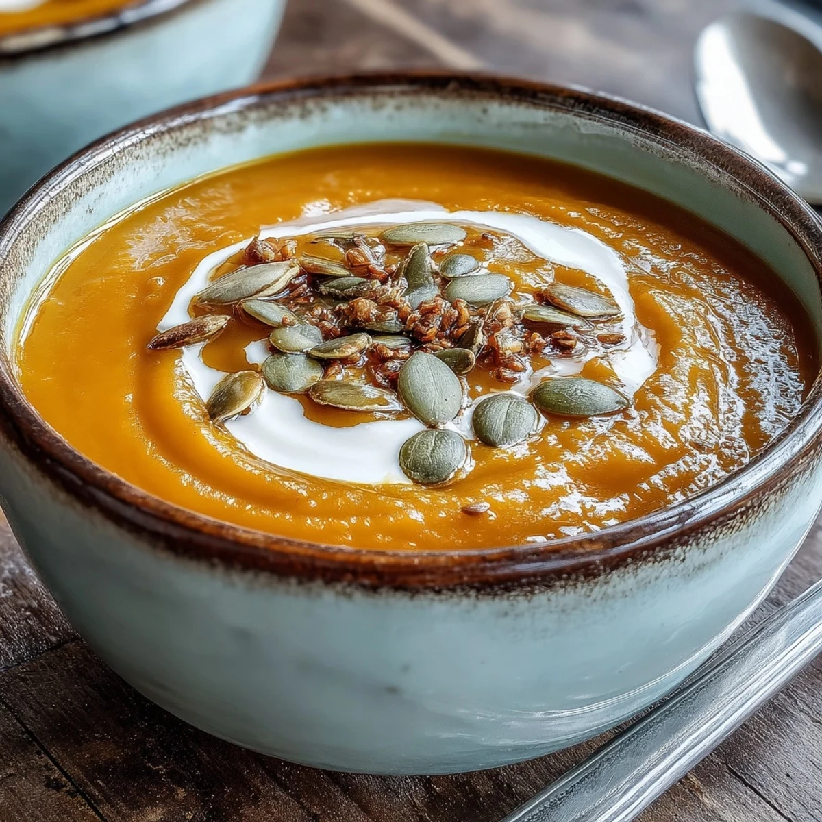 Close-up of blended Butternut Squash and Apple Soup with toasted pumpkin seeds.