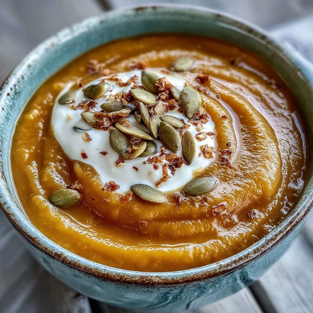 Steaming bowl of creamy Butternut Squash and Apple Soup garnished with thyme.