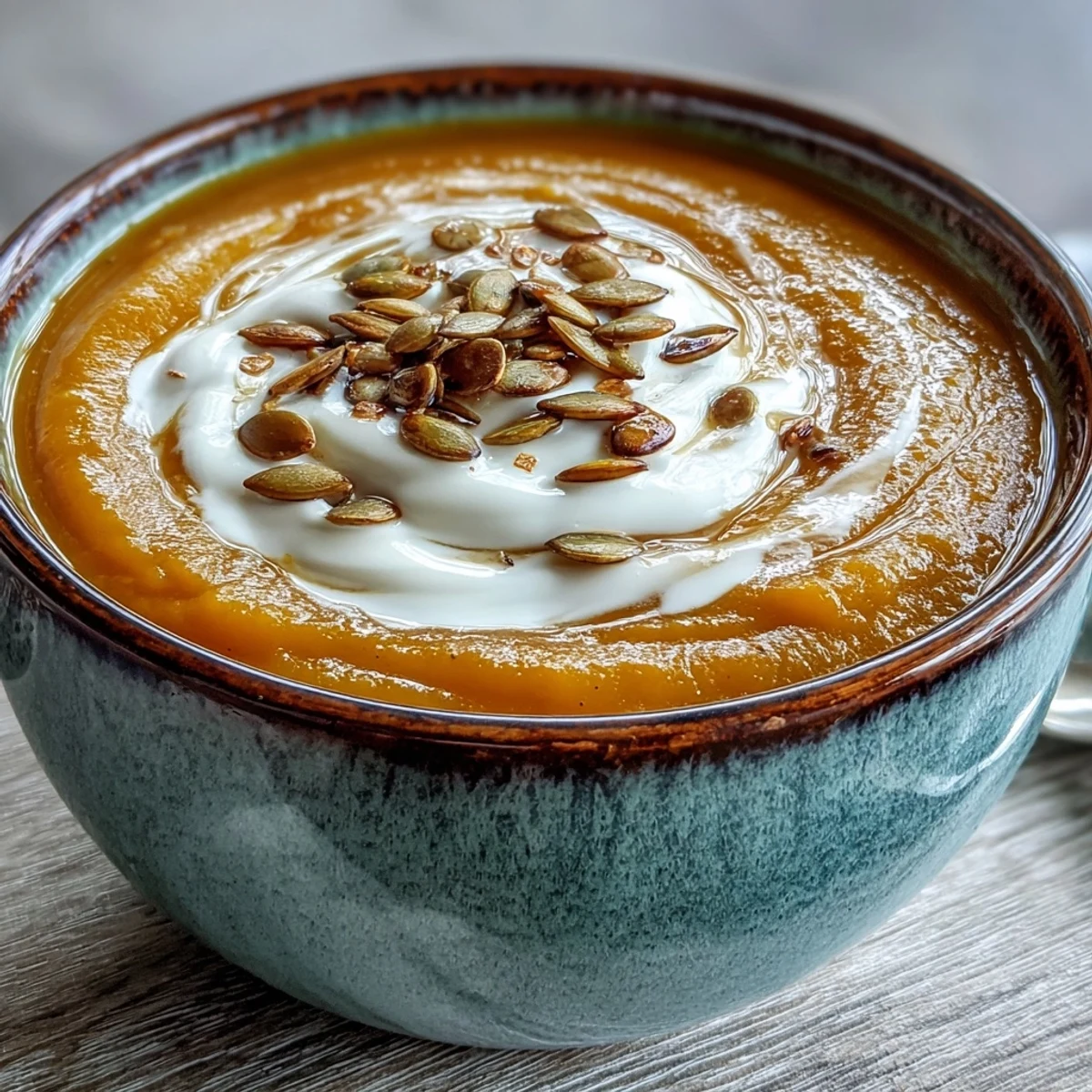 Velvety orange Butternut Squash and Apple Soup in a rustic ceramic bowl.