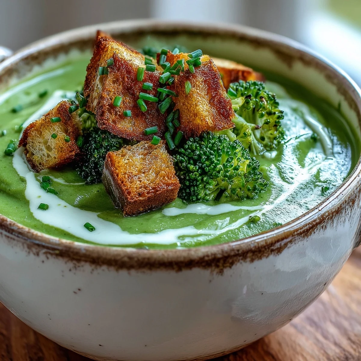 Creamy homemade Cream of Broccoli Soup topped with fresh chives in a rustic bowl.