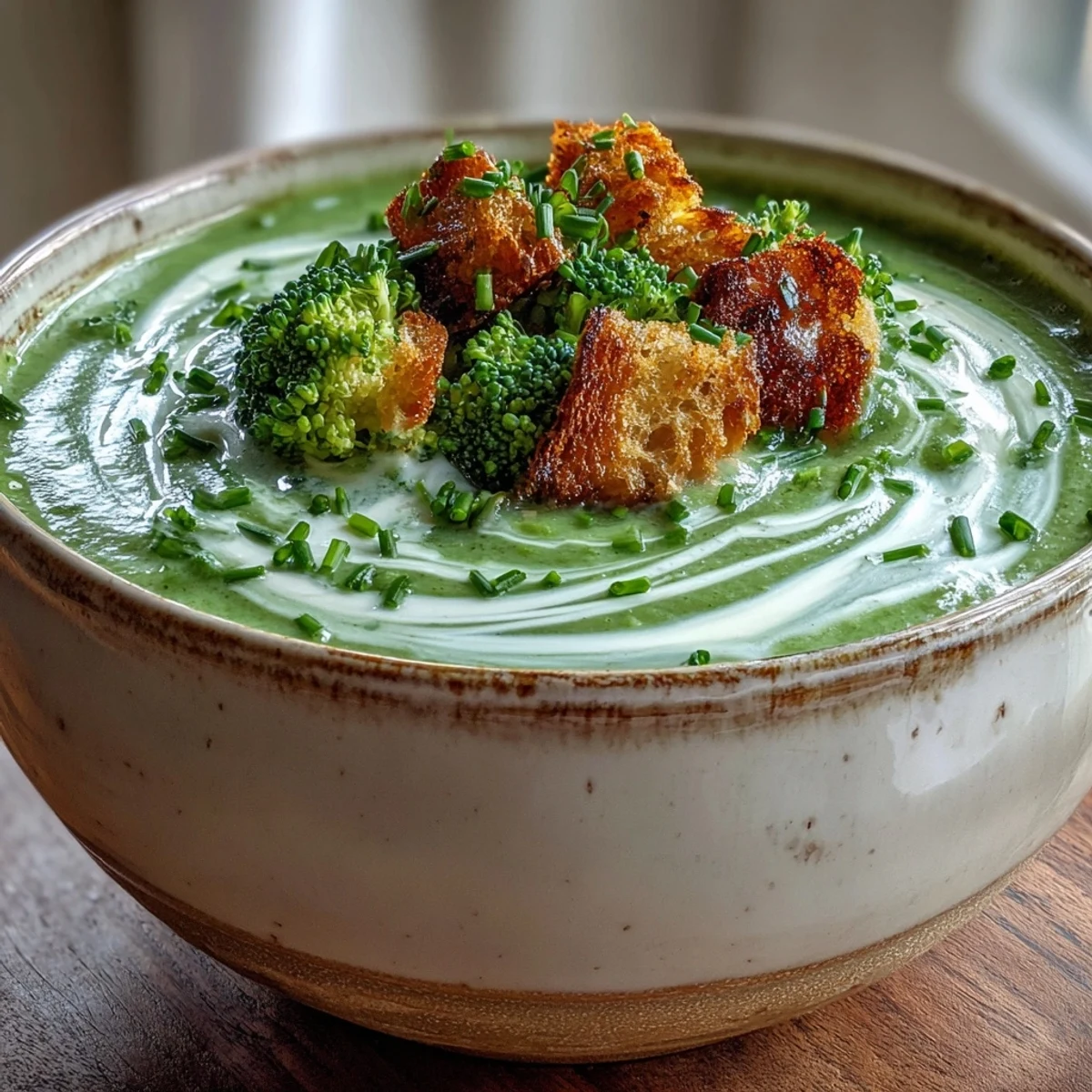A bowl of velvety Cream of Broccoli Soup paired with crunchy golden croutons.