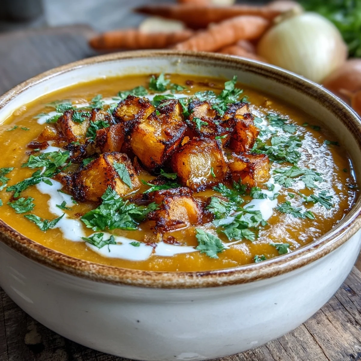 A bowl of golden Butternut Squash and Lentil Soup garnished with parsley and a serving spoon.